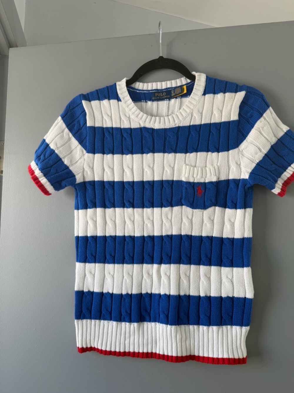 Polo by Ralph Lauren Blue & White Striped Cable-Knit Short Sleeve Sweater